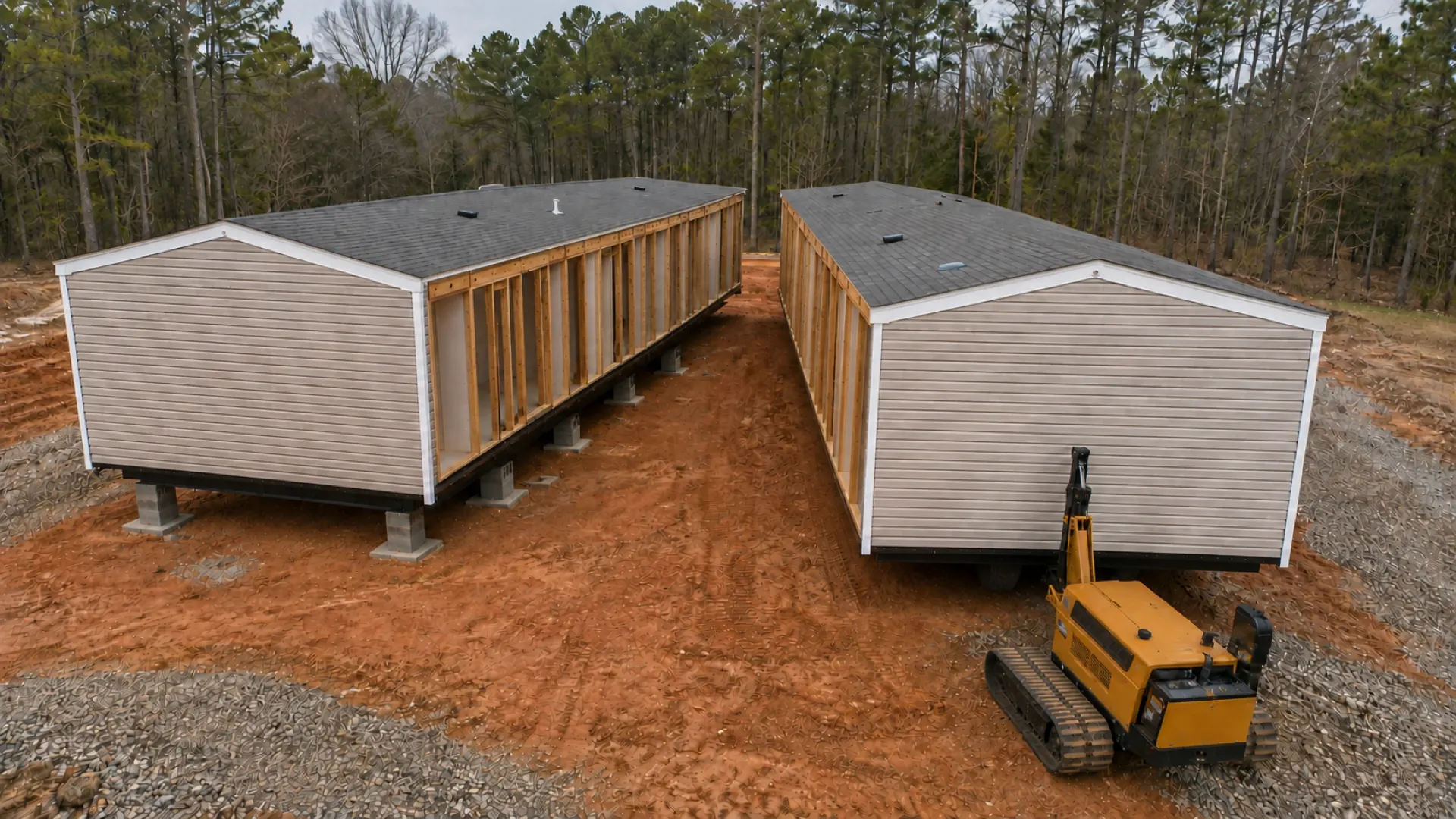 A doublewide being pulled onto its lot by a truck.