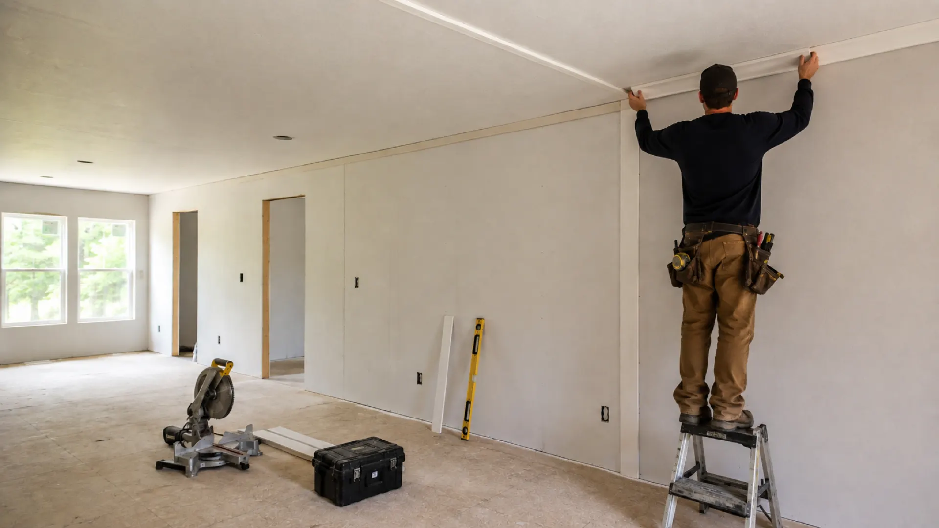 A carpenter on a step ladder fitting the ceiling trim strip along the marriage line inside a new doublewide.