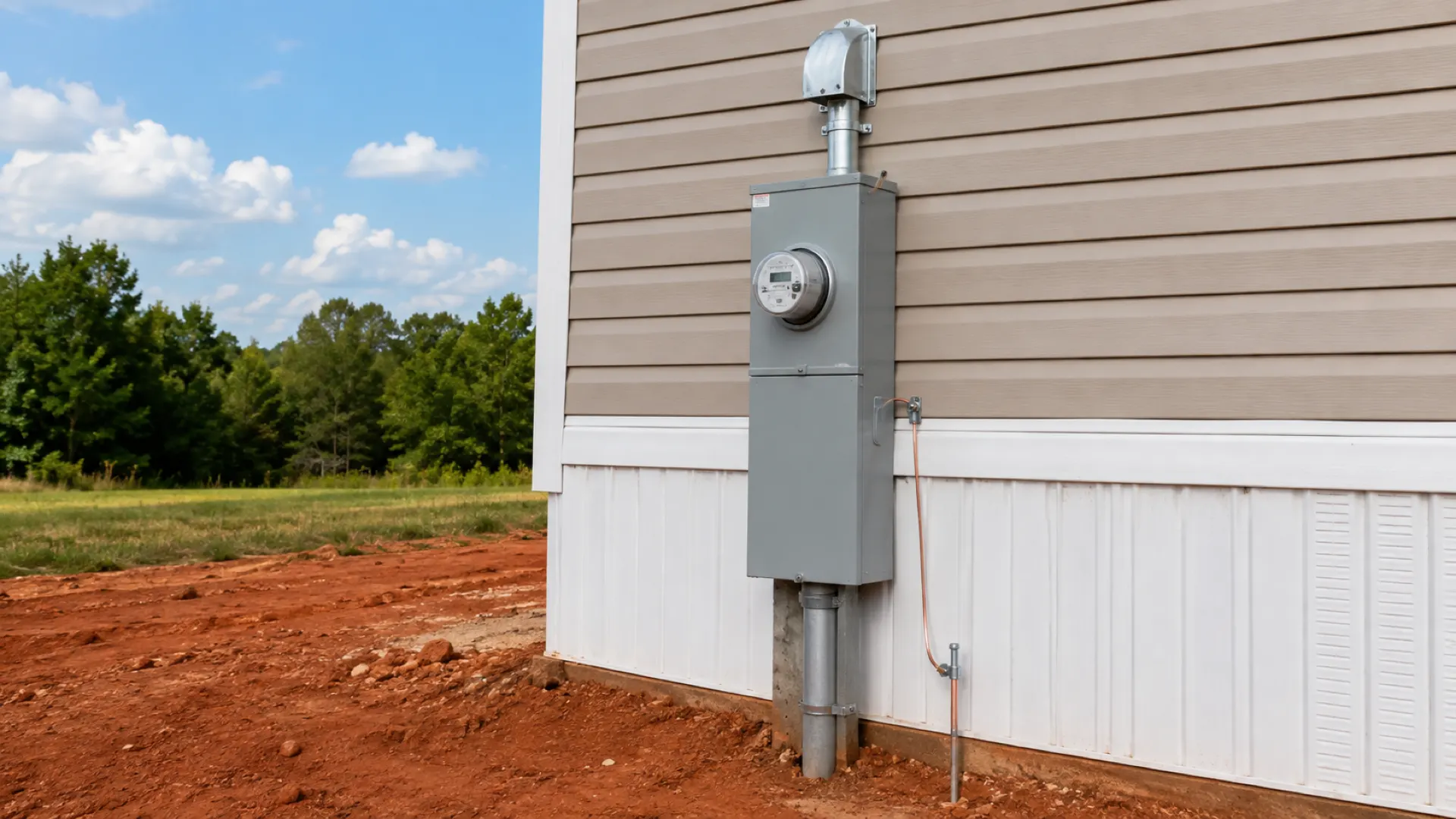 A meter base and disconnect mounted plumb on a manufactured home wall, the feeder in rigid metal conduit into the ground and a copper ground wire to a ground rod.