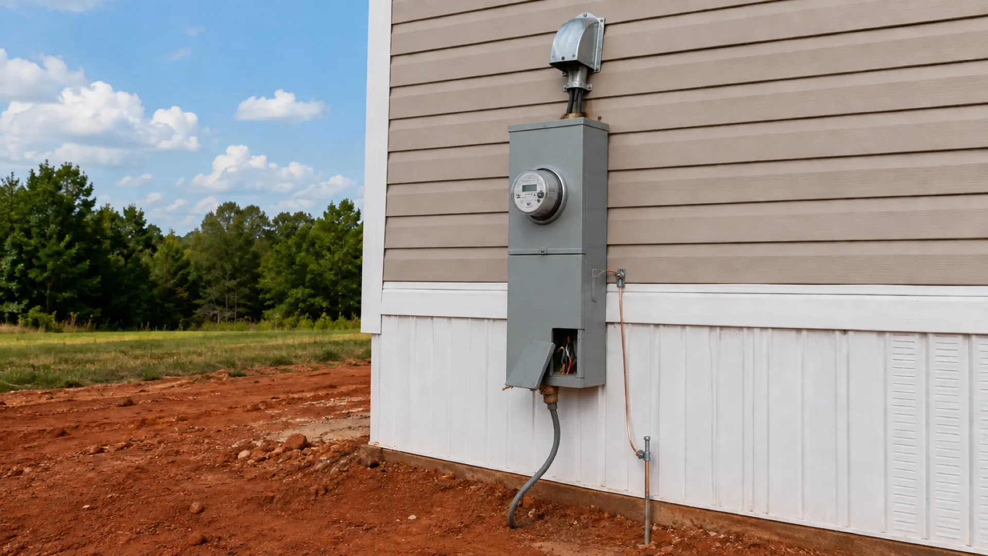 The same meter base with the disconnect cover hanging open on exposed wiring and a flexible cable running out of the box into the dirt.