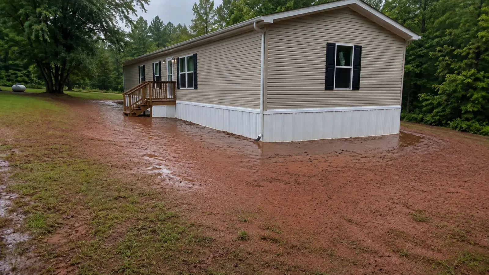The same manufactured home with rainwater standing against the skirting and running across the bare clay pad.