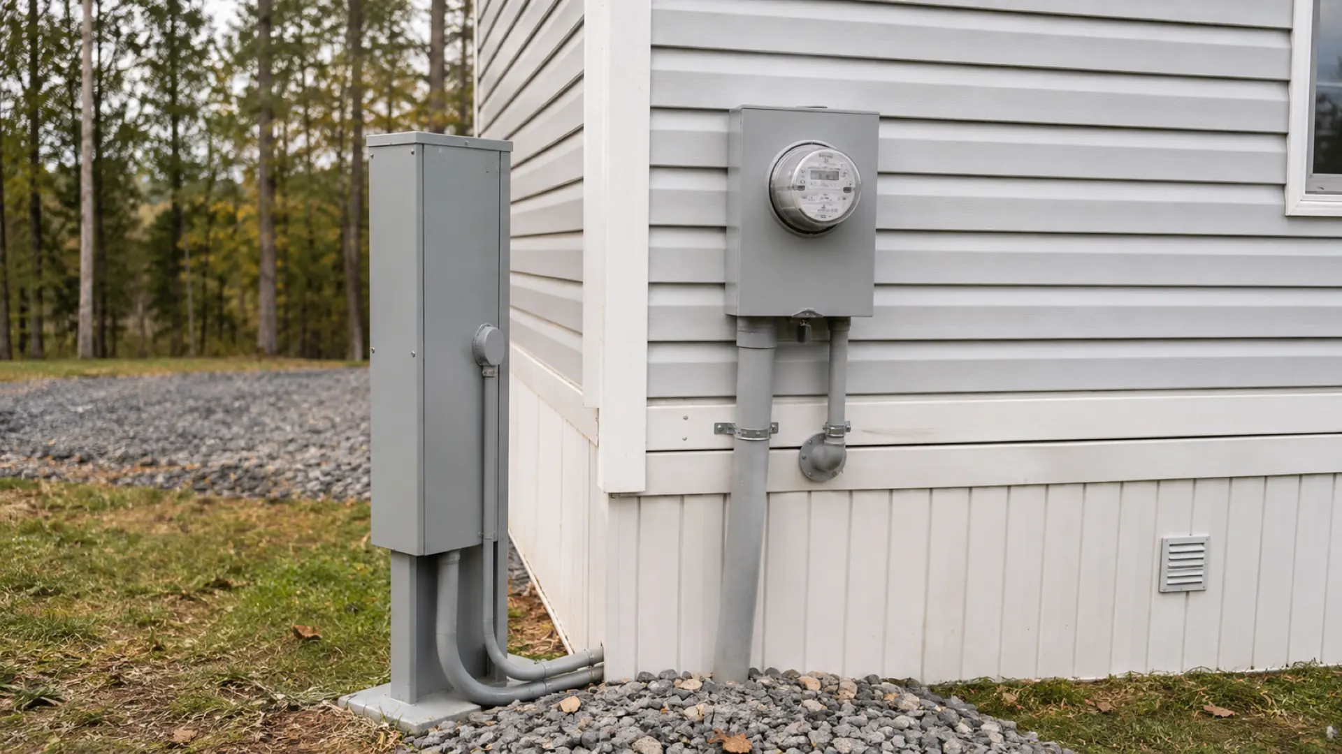 A 200-amp electrical service pole with a meter base beside a mobile home.