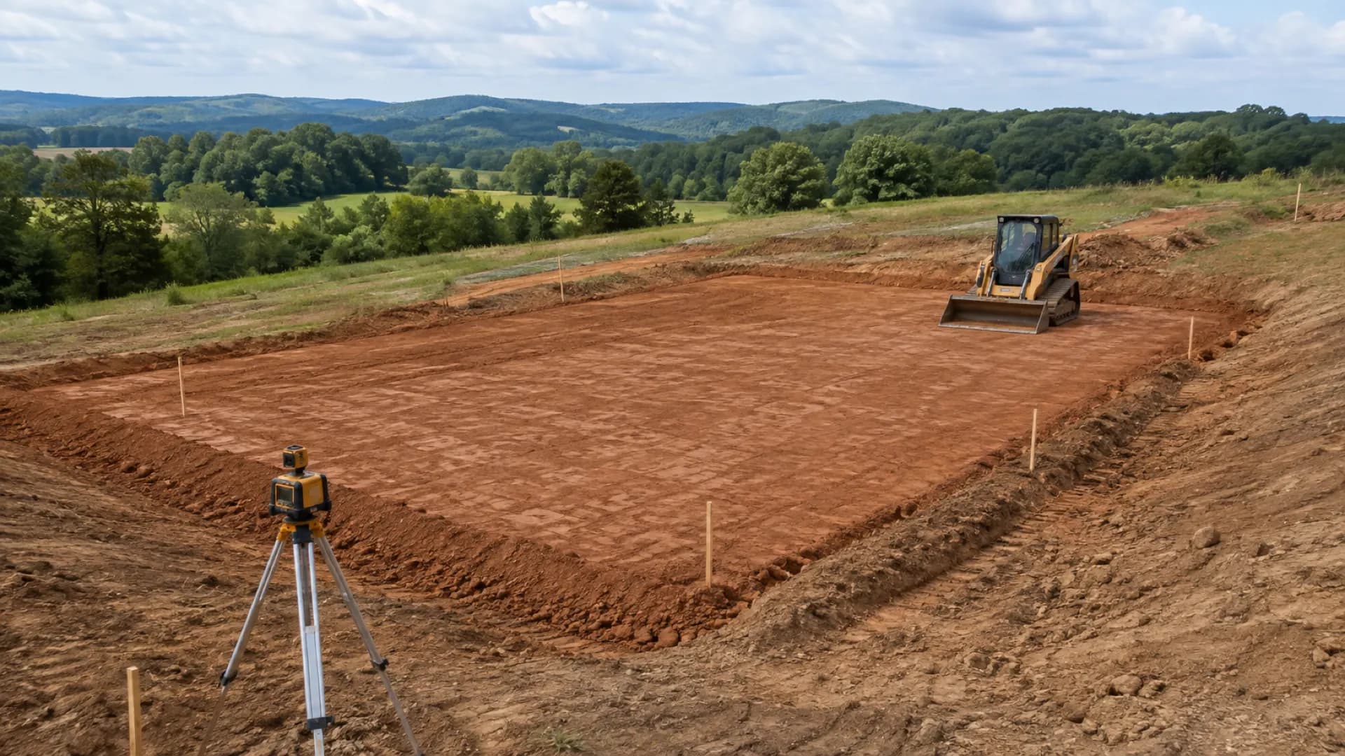 A level red-clay pad for a home cut into a hillside, with grade stakes at the corners, a laser level on a tripod and a track loader finishing the edge.