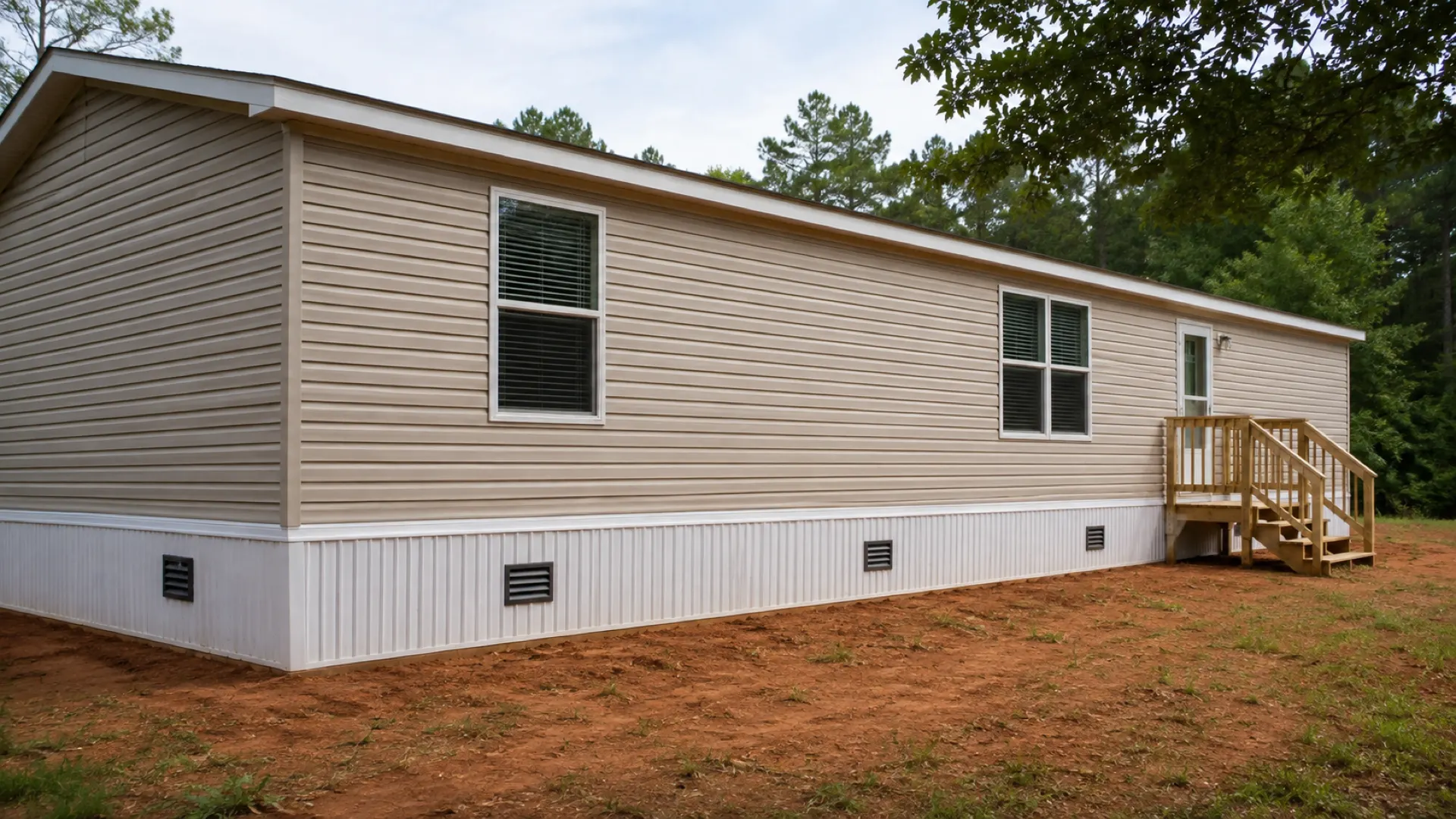 A manufactured home with white vinyl skirting running straight and tight to the ground, with vents spaced along the run.