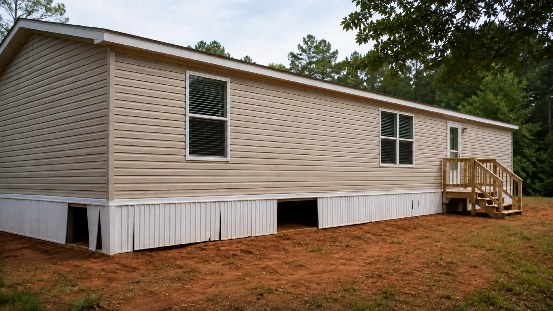 A manufactured home with vinyl skirting panels buckled, pulled loose and missing, leaving openings into the crawl space.