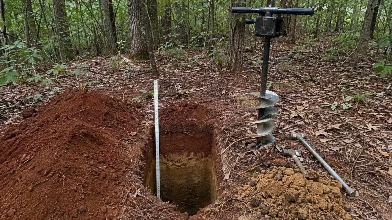 A perc test hole dug on a rural lot to see how the soil drains.