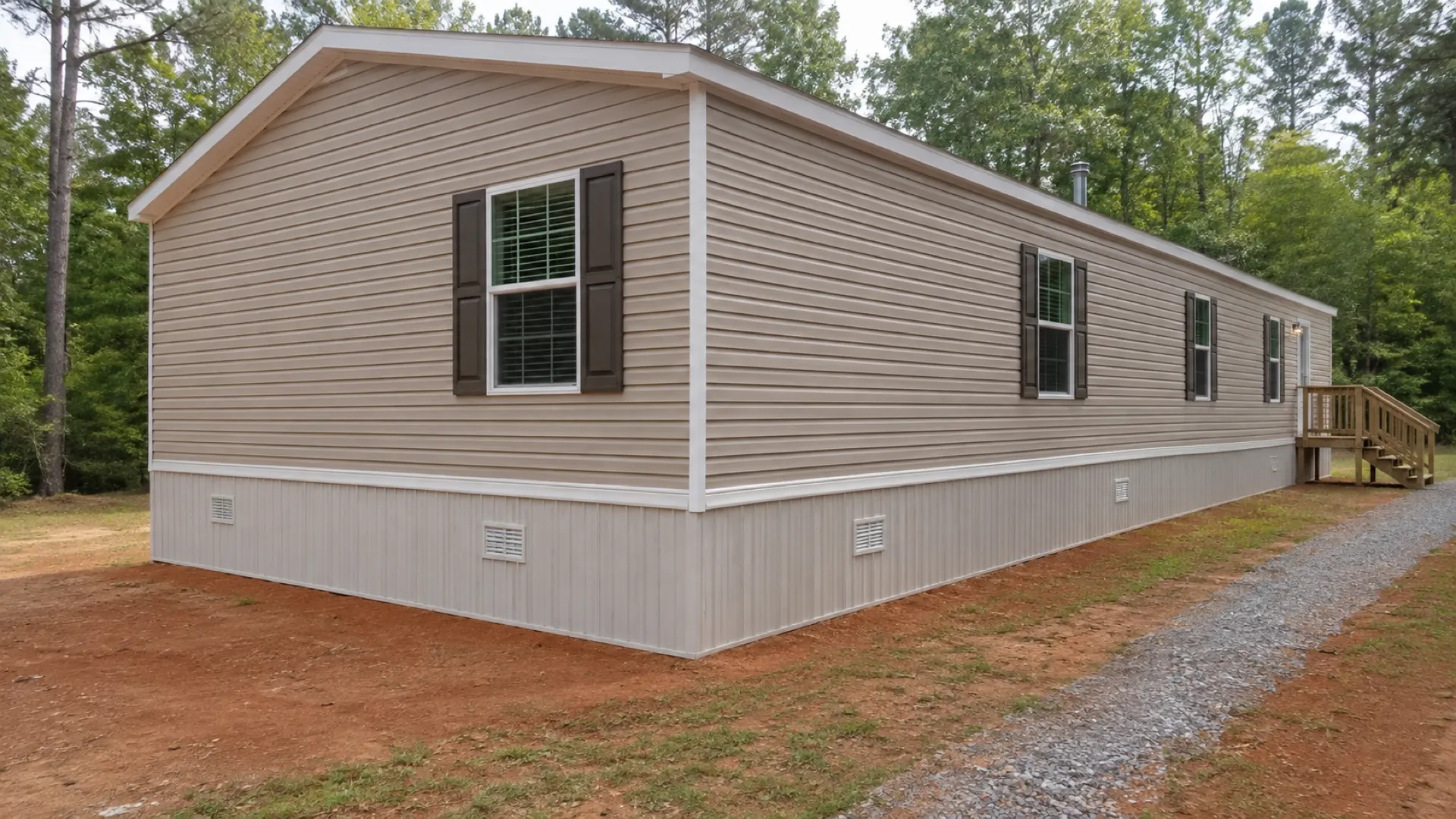 A new singlewide manufactured home with tan vinyl skirting and vents, beside a gravel drive.