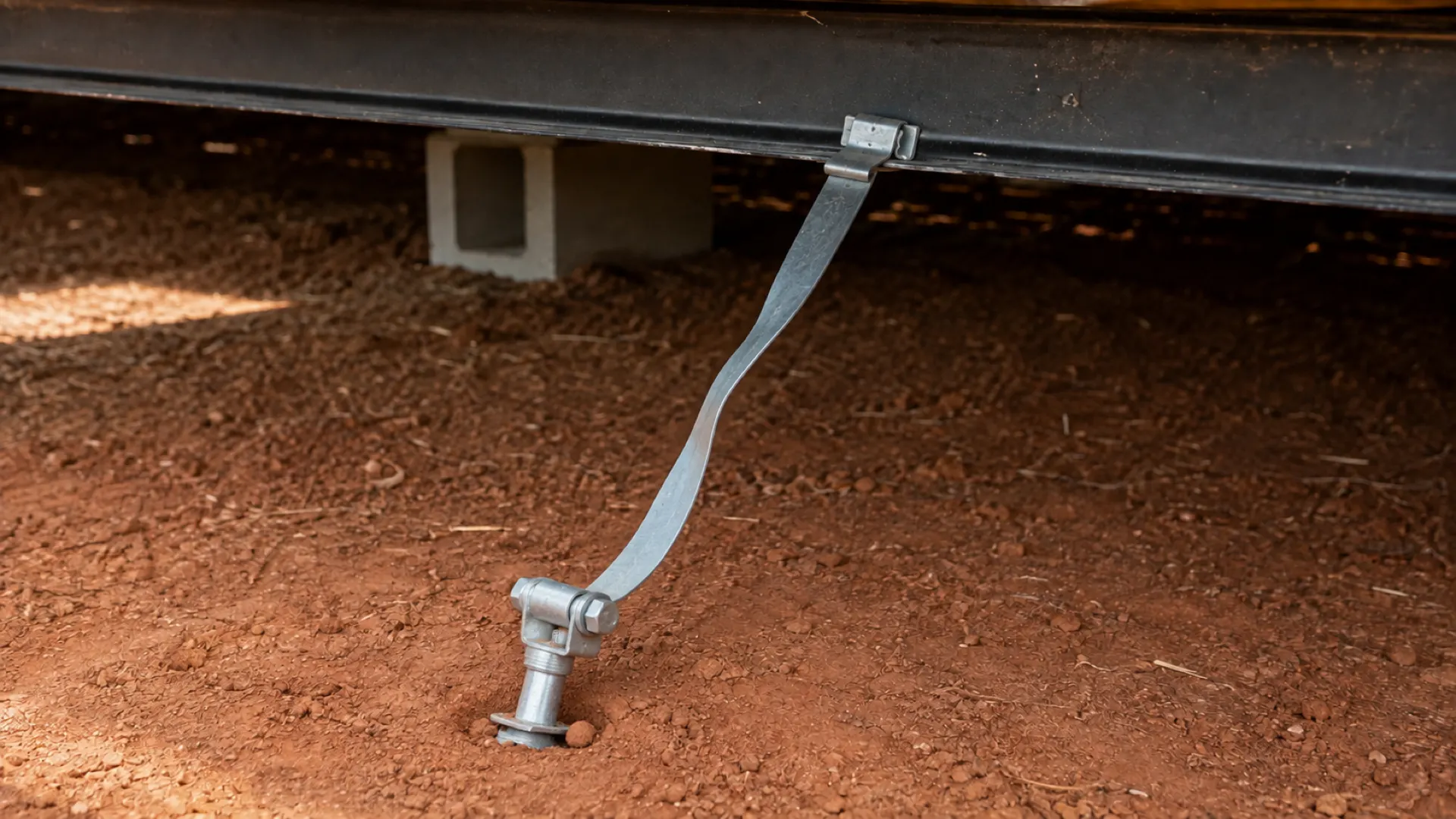 A twisted, slack tie-down strap on a manufactured home with the ground anchor head lifted out of the soil.