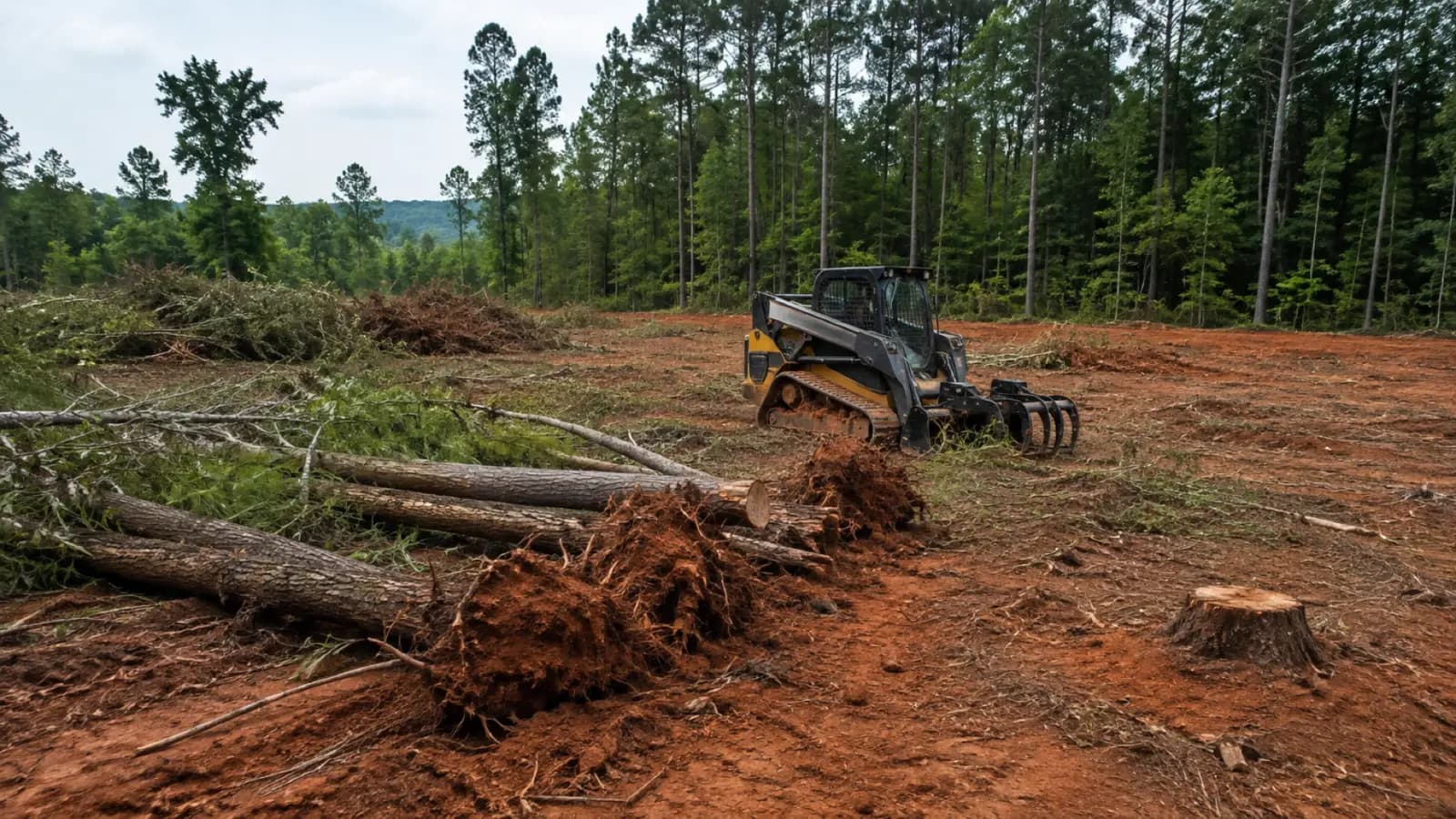 A tracked machine with a grapple clearing pines and pushing up stumps and brush on a wooded lot.